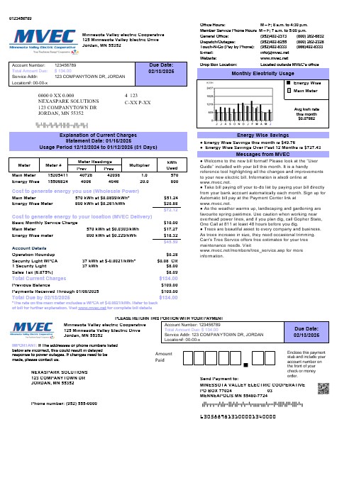 USA Minnesota Valley Electric Cooperative (MVEC) business utility bill template in Word and PDF formats